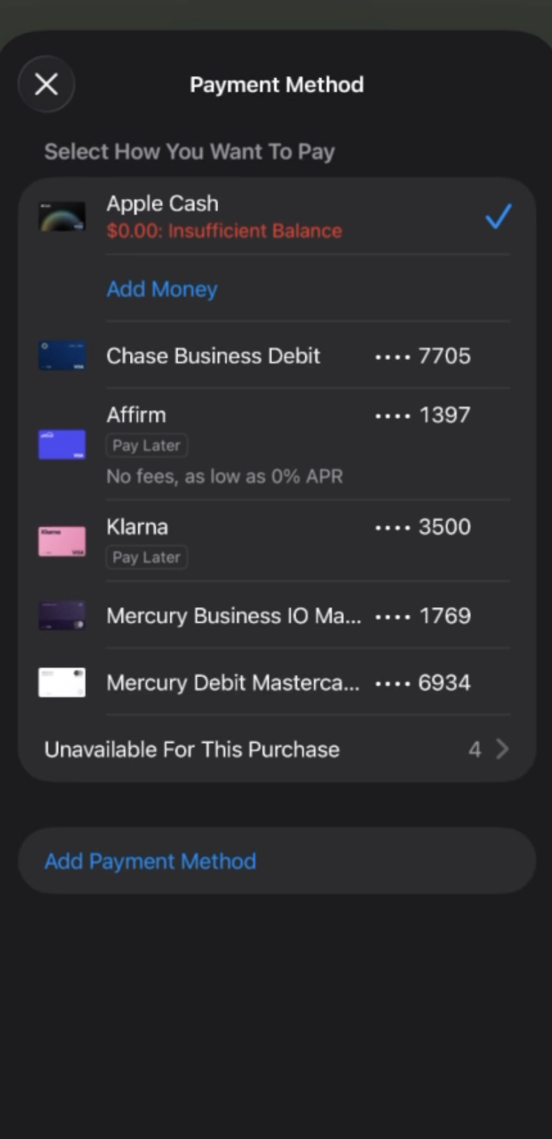 Choosing Affirm in the Apple Pay payment method list