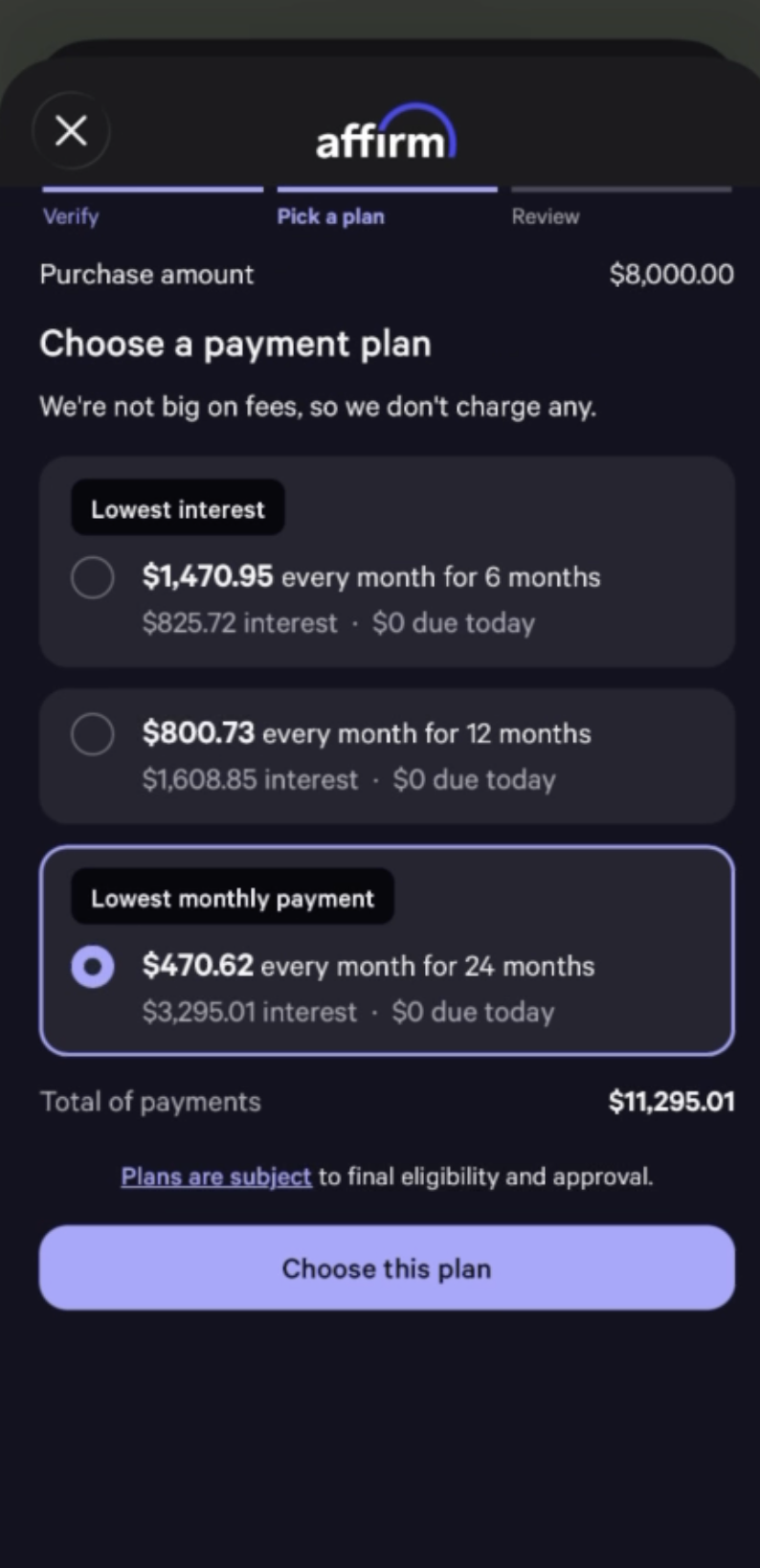 Choosing an Affirm payment plan