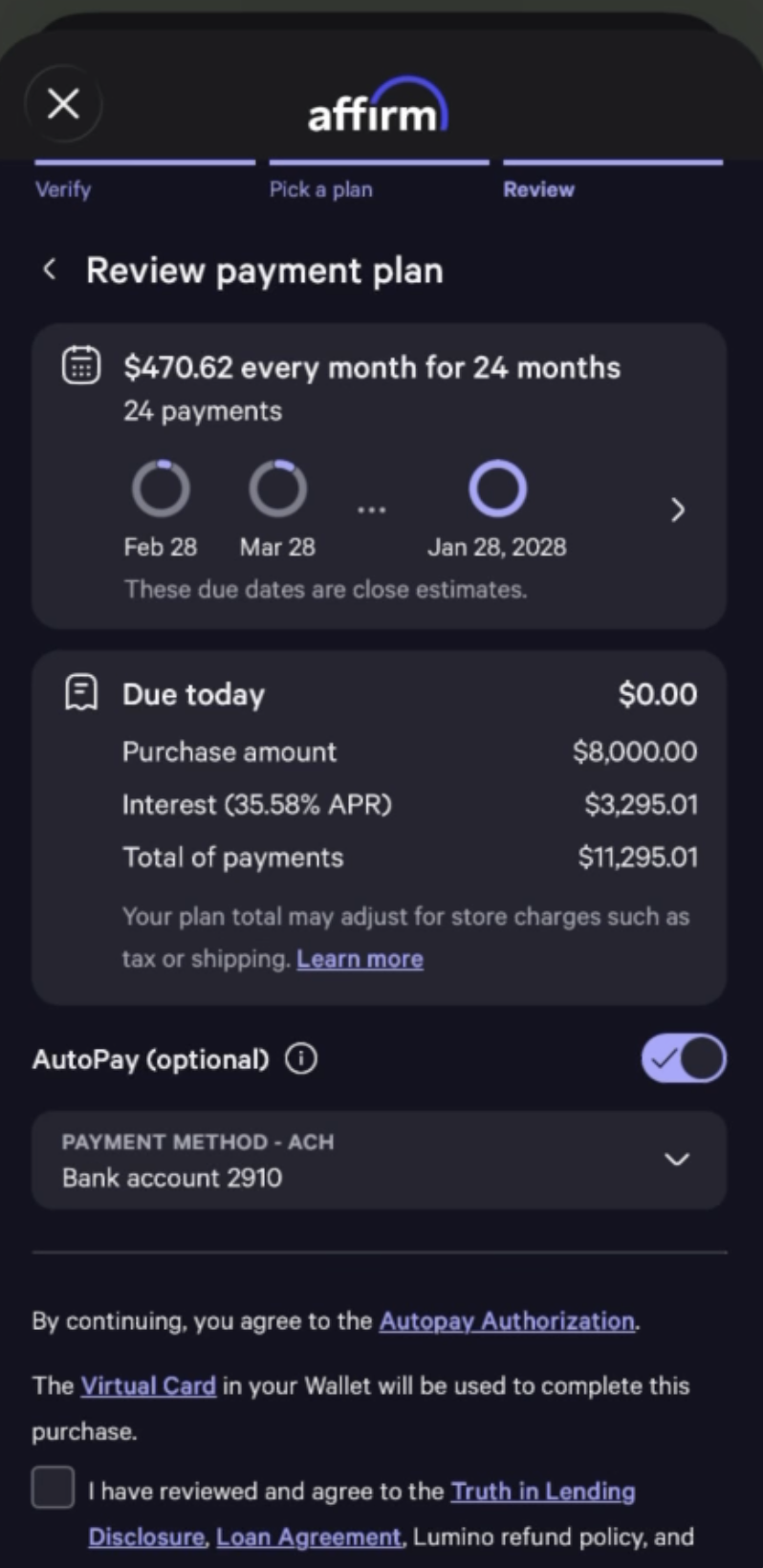 Reviewing the Affirm payment plan before confirming