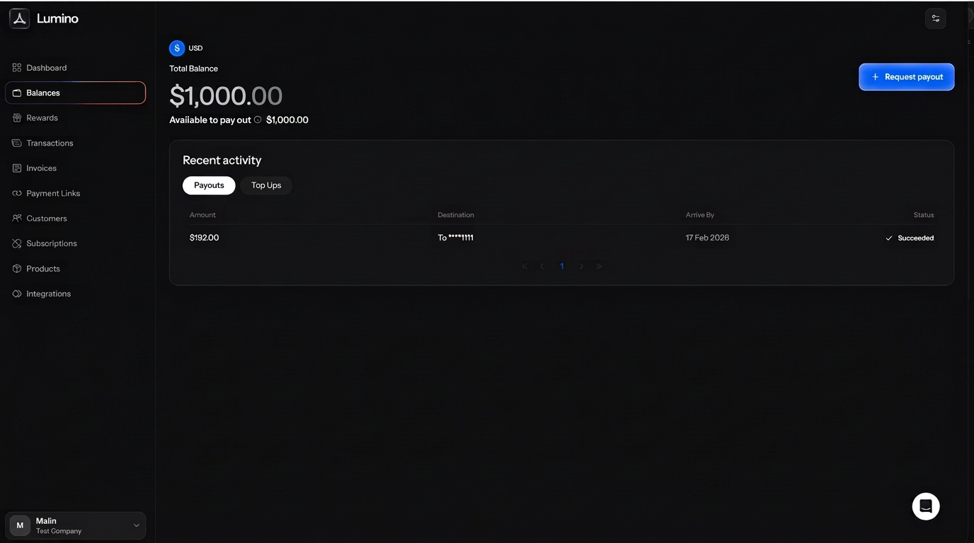 Balances page with the Request payout button