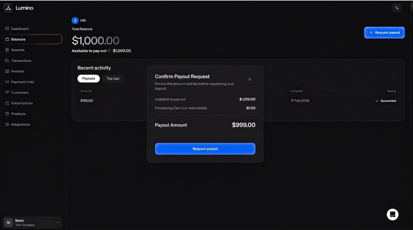 Confirm Payout Request window with the amount and fee