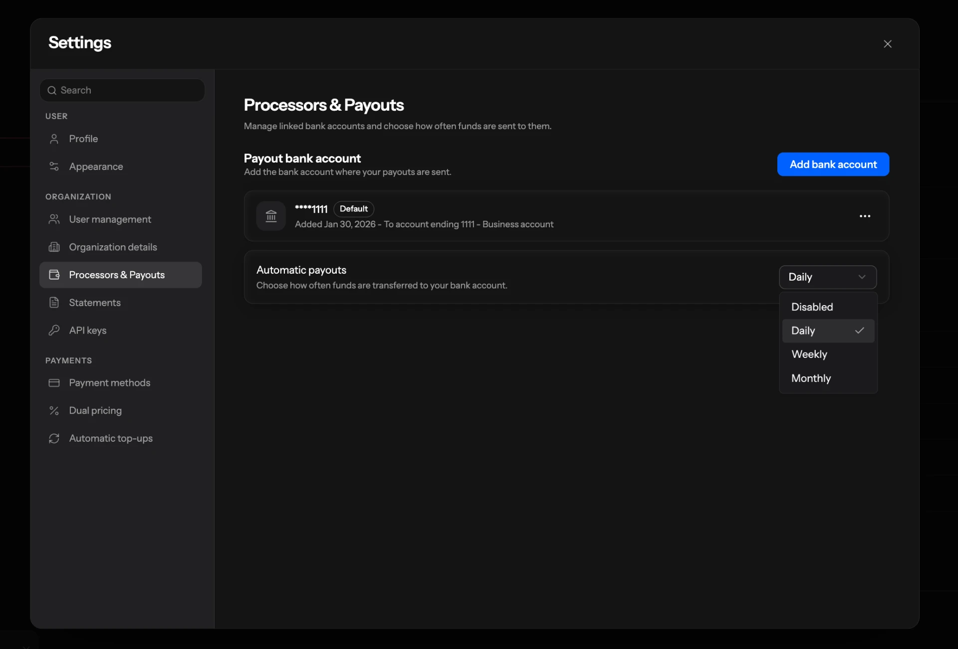 Automatic payouts setting with the frequency menu open